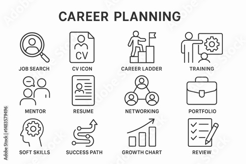 Career planning icons: job search, cv, career ladder, training, networking, success path, growth chart, review