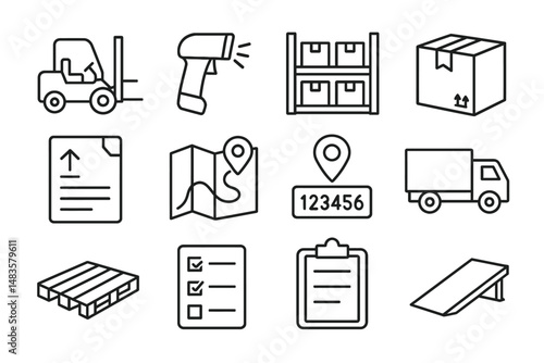 Logistics icon set: forklift, scanner, boxes, documents, maps, truck