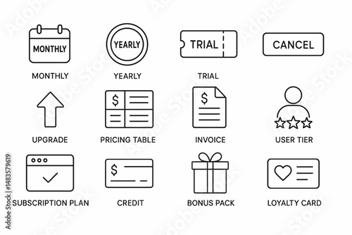 Subscription and payment icons: monthly, yearly, trial, and more