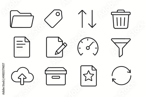 Essential interface icons: file, tag, arrows, trash, document, gauge, funnel, cloud, box, star, refresh