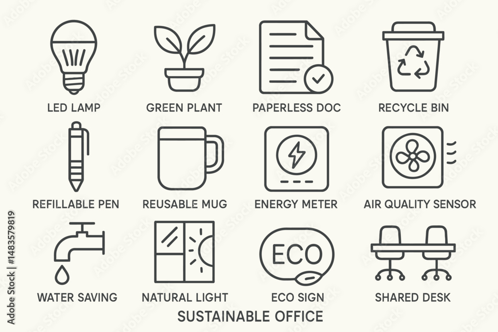 Sustainable office essentials: led lamp, reusable mug, recycle bin, green plant, energy meter Sustainable office essentials: led lamp, reusable mug, recycle bin, green plant, energy meter