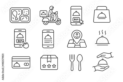 Icon set: online order, food delivery, mobile shopping, location tracking, payment methods