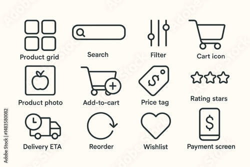 E-commerce interface icons: product grid, search, cart, payment, wishlist