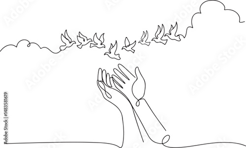 Continuous one line drawing of two human hands gently releasing birds into the sky. Minimalist black and white illustration of peace and freedom

