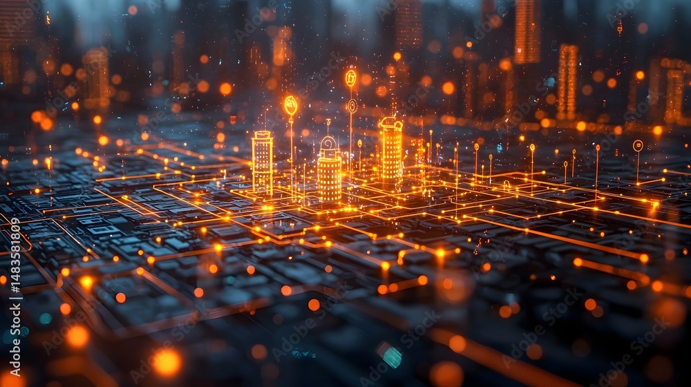 Futuristic digital cityscape with data projection Futuristic digital cityscape with data projection