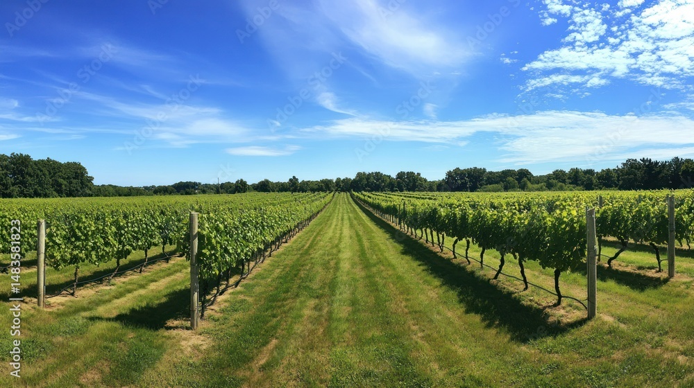 Obraz premium Scenic vineyard landscape on a sunny day with rows of grapevines under blue sky