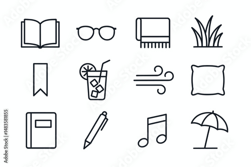 Minimalist icon set featuring book, glasses, blanket, plant, bookmark, drink, wind, pillow, notebook, pen, music note, umbrella