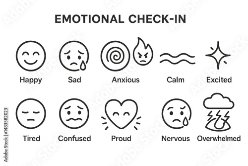 Emotional check-in icons: happy, sad, anxious, calm, excited, tired, confused, proud, nervous, overwhelmed