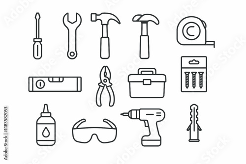 Essential hand tools collection: hammer, screwdriver, wrench, drill, pliers, toolbox