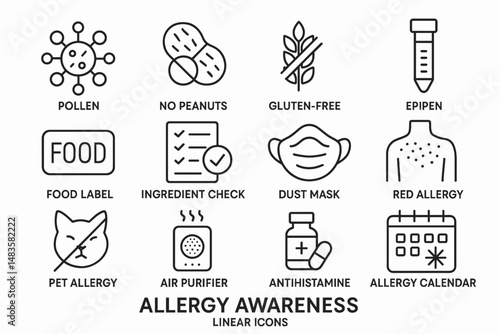 Allergy awareness icons: pollen, peanuts, gluten-free, epipen, food labels
