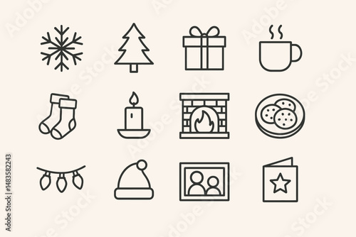 Cozy winter icons: snowflake, tree, gift, mug, socks, candle, fireplace, cookies, lights, hat, family, card