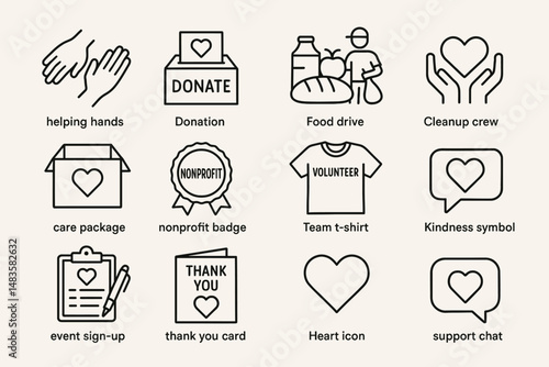 Charity icon set featuring donation, volunteer, and care package symbols