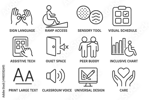 Illustration of accessibility features: sign language, assistive tech, visual schedule