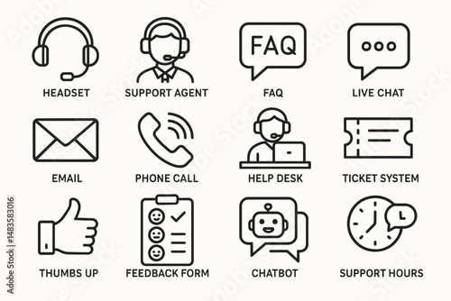 Customer support icons: headset, faq, live chat, email, phone call, help desk, chatbot
