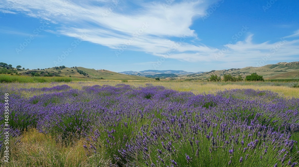 Naklejka premium Vibrant lavender field in rolling hills under blue skies with wispy clouds