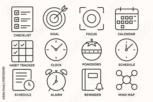 Productivity icons: checklist, goal, focus, calendar, habit tracker, pomodoro