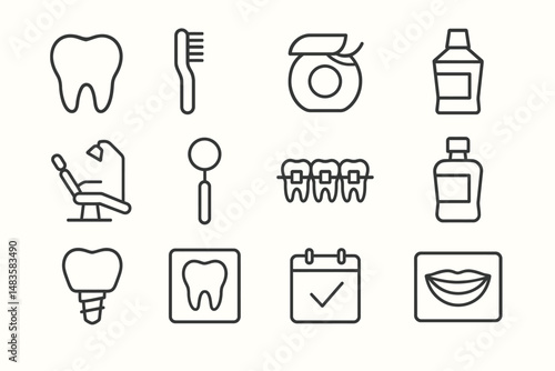 Dental care icons set: toothbrush, mouthwash, floss, dentist tools, braces