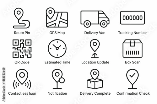 Delivery and tracking icons: gps map, qr code, van, contactless, tracking number