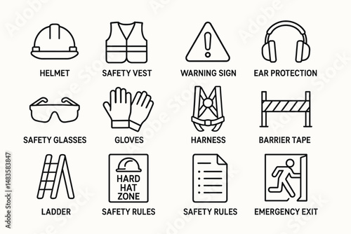 Safety equipment and sign icons for workplace protection and guidelines