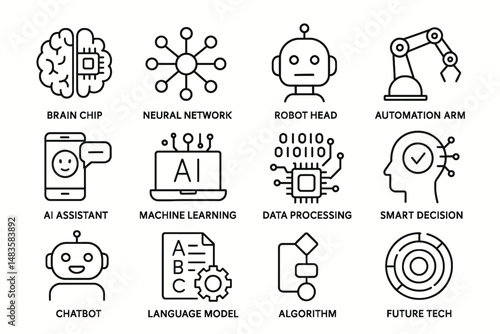 Brain chip and ai icons: neural network, robot, automation, machine learning, smart technology