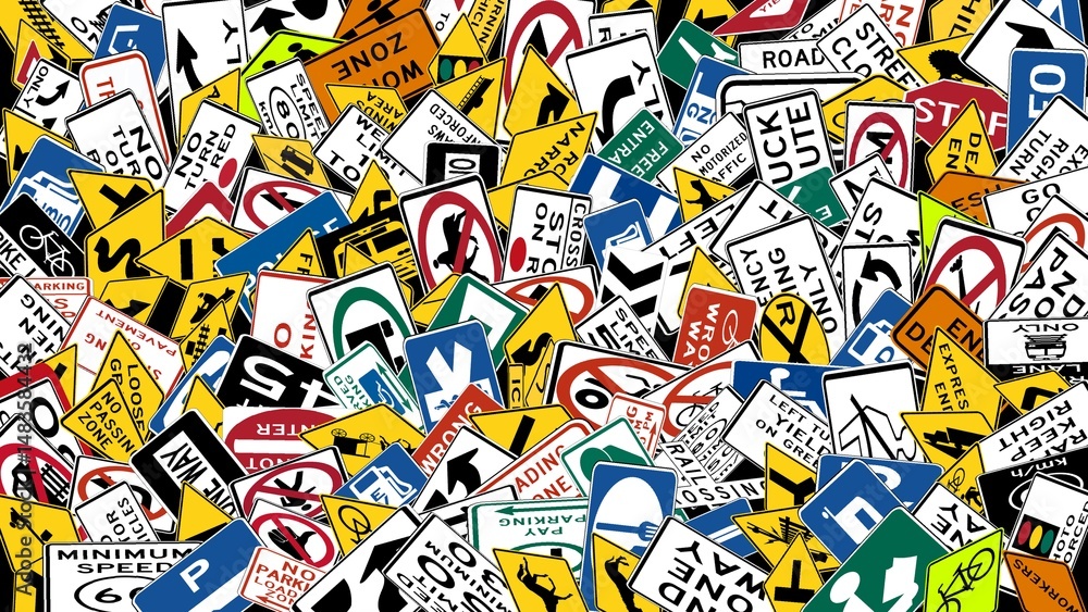 Obraz premium hundreds of many road signs with the standard of the United Stat