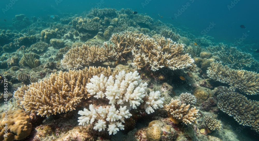 Naklejka premium Coral Bleaching Underwater Scene of Damaged Reef