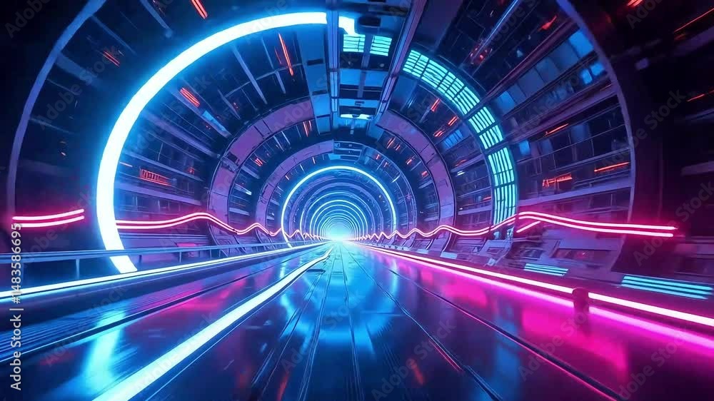A futuristic tunnel with neon lights and a reflective floor creating a sci fi atmosphere lookiing deep