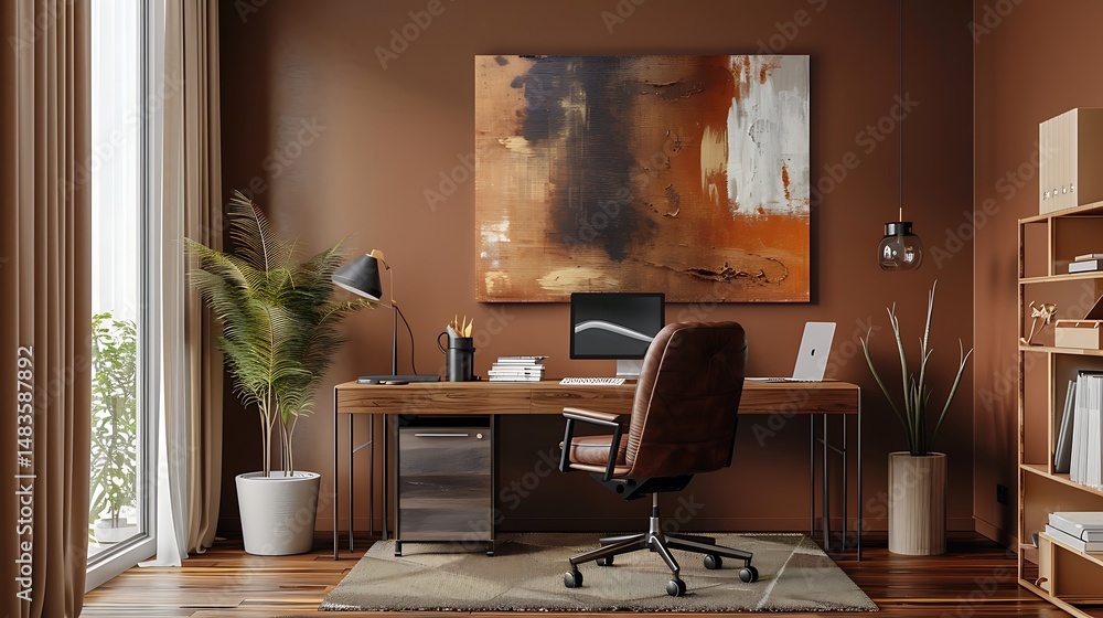 Fototapeta premium Cozy Home Office Design with Wooden Desk and Leather Chair