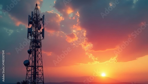 Wallpaper Mural Powerful radio antenna broadcasting signal, against a dramatic sunset sky , distance, wave, landscape Torontodigital.ca