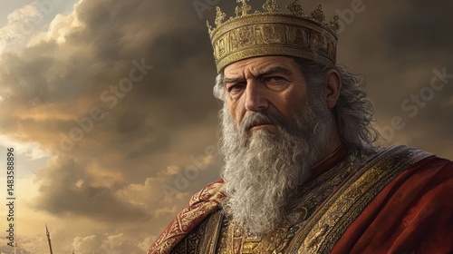 King David of Israel, clothed in royal robes, gazes with wisdom and strength. Set against a backdrop of ancient Jerusalem, harp in hand—a shepherd, warrior, and man after God’s own heart.

