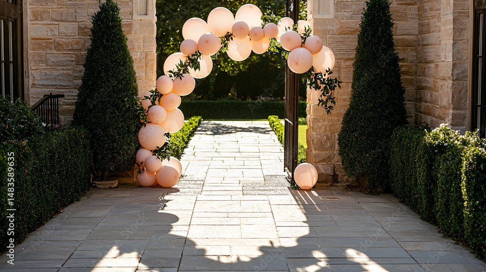 Obraz premium Balloon arch in soft gradient pinks draped elegantly at an outdoor garden entrance, gentle sunlight filtering through translucent balloons, shadows falling on pale stone tiles, surrounded by
