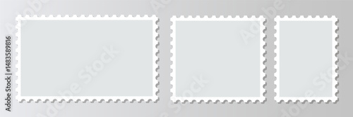 Empty postal shapes border set included. Post stamp is shown alongside blank frames of postage stamps, with a collection of paper postmarks suitable for mailing letters. Vector illustration