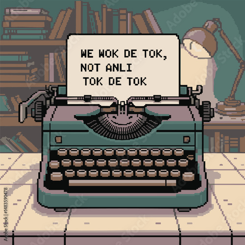 Pixelated Typewriter with Typed Text "WE WOK DE TOK, NOT ANLI TOK DE TOK" and Bookshelf Background