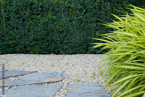 Stone and gravel walkway in a garden with a tree wall as a backdrop. An example of a landscape design in a public park.