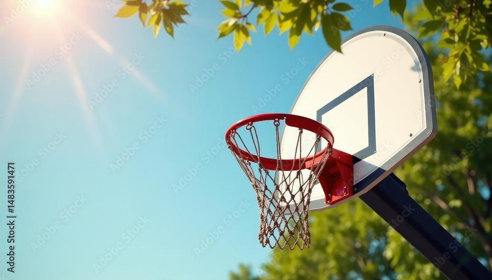Naklejka premium Outdoor basketball hoop on sunny day, leaves in background, bright, landscape, fresh