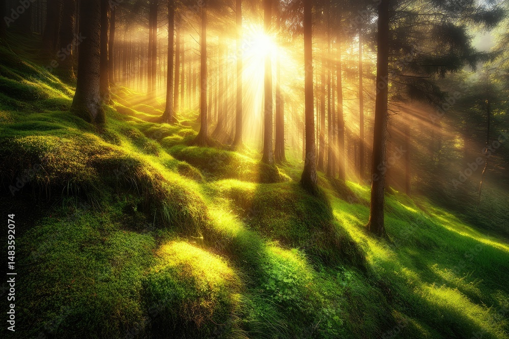 Fototapeta premium Sunlight streams through mossy forest