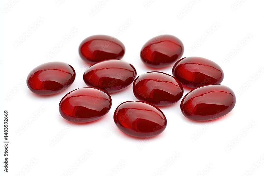 close up of several red softgel capsules arranged on a white surface isolated on a white background close up of several red softgel capsules arranged on a white surface isolated on a white background