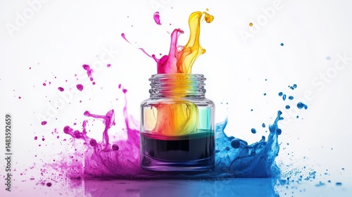 Vibrant liquid splashes around a glass container filled with colorful inks.