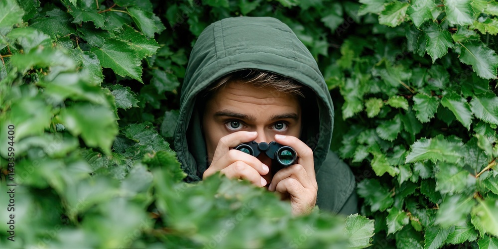 Fototapeta premium man hiding in bushes using binoculars