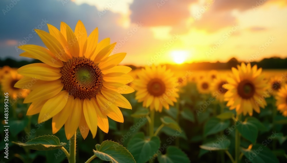 Fototapeta premium Vibrant sunflowers in a field at sunset, golden petals glowing , tall, summer, harvest