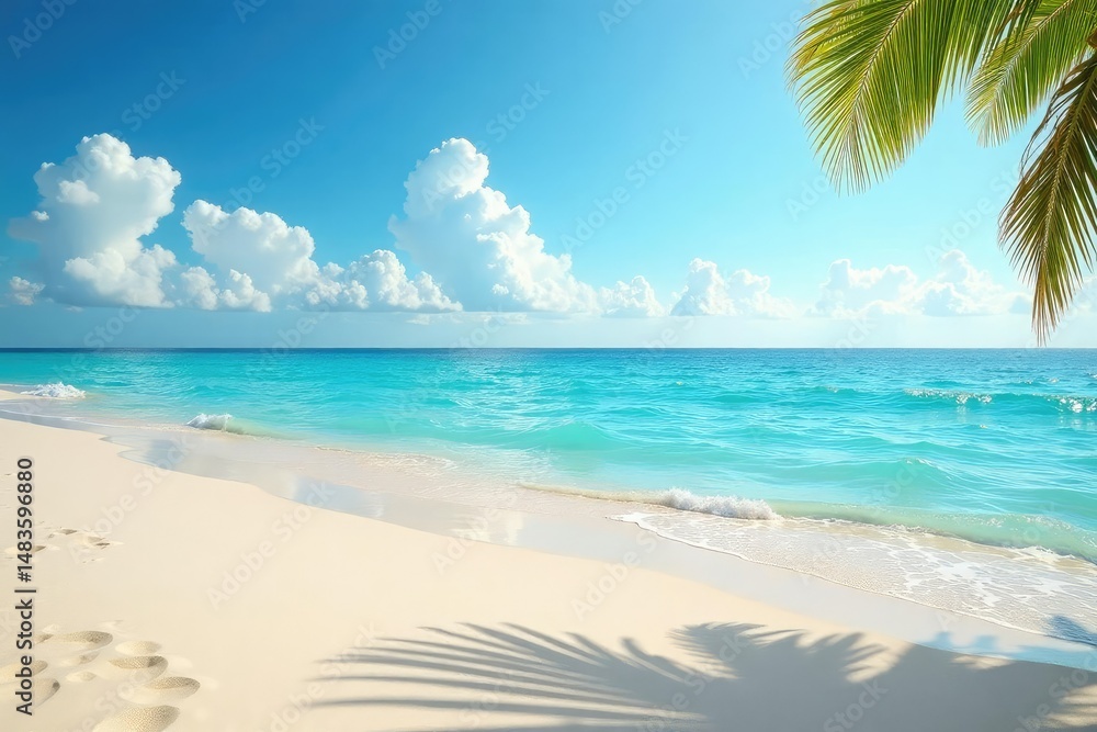 Fototapeta premium Serene beach background, perfect for travel or vacation themed projects Soft sand, calm ocean, clear sky , foam, summer