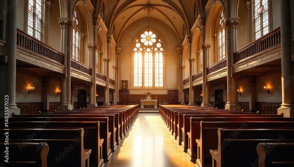 A majestic church choir loft, bathed in sunlight, showcasing ornate architecture and empty pews , classic, detail, faith A majestic church choir loft, bathed in sunlight, showcasing ornate architecture and empty pews , classic, detail, faith