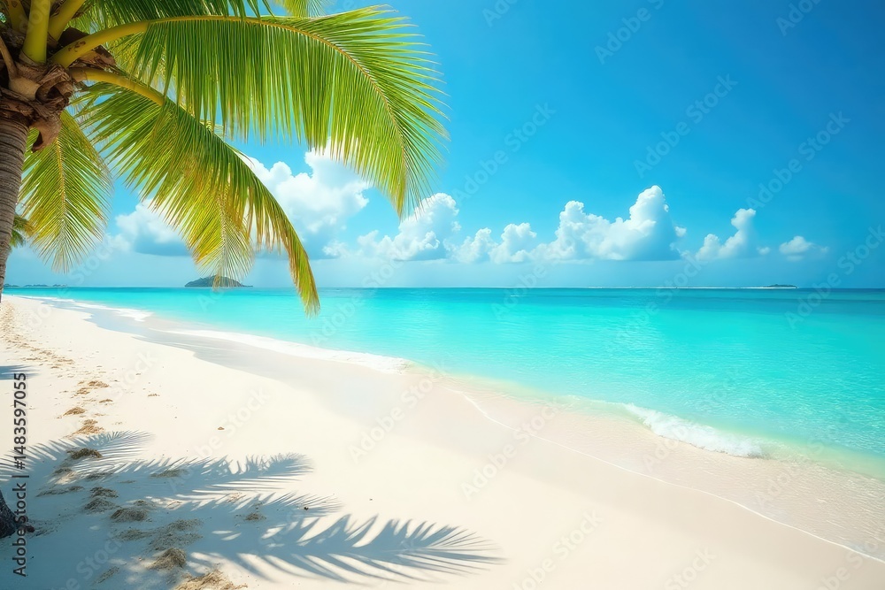 Obraz premium Sun-drenched beach scene with turquoise water and white sand, perfect summer vacation vibes , turquoise, travel destination