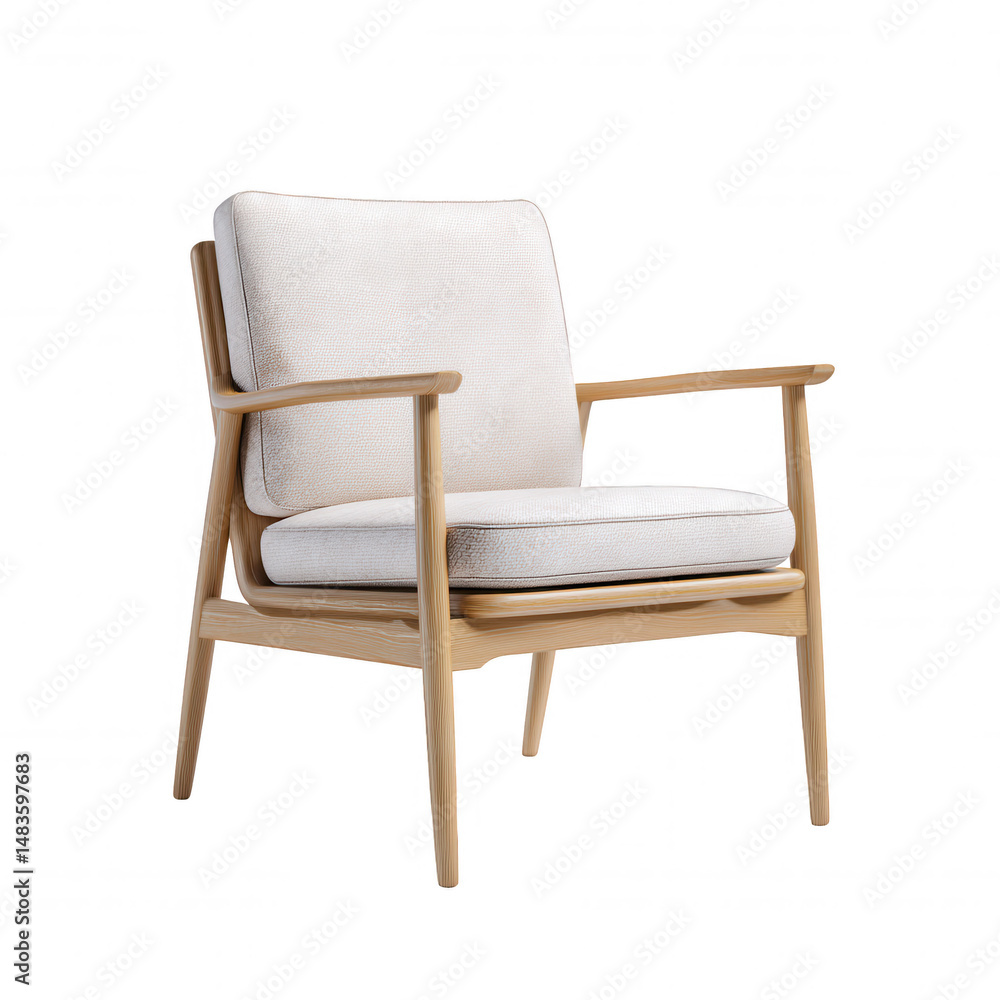 An elegant light wood frame armchair with soft white cushioning presents a clean aesthetic on a stark white background creating a sense of minimalist sophistication. An elegant light wood frame armchair with soft white cushioning presents a clean aesthetic on a stark white background creating a sense of minimalist sophistication.