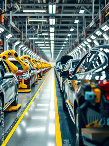 Automotive assembly line with cars and production robots. Featuring automotive manufacturing. Highlighting efficiency and automation. Ideal for automotive industry visuals.