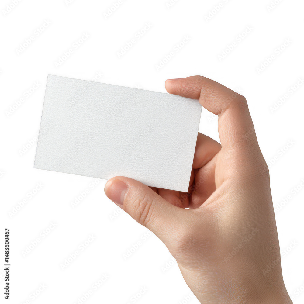 Obraz premium Hand displaying a blank white business card against a pristine white backdrop, providing ample space for custom text and creative design applications here now.
