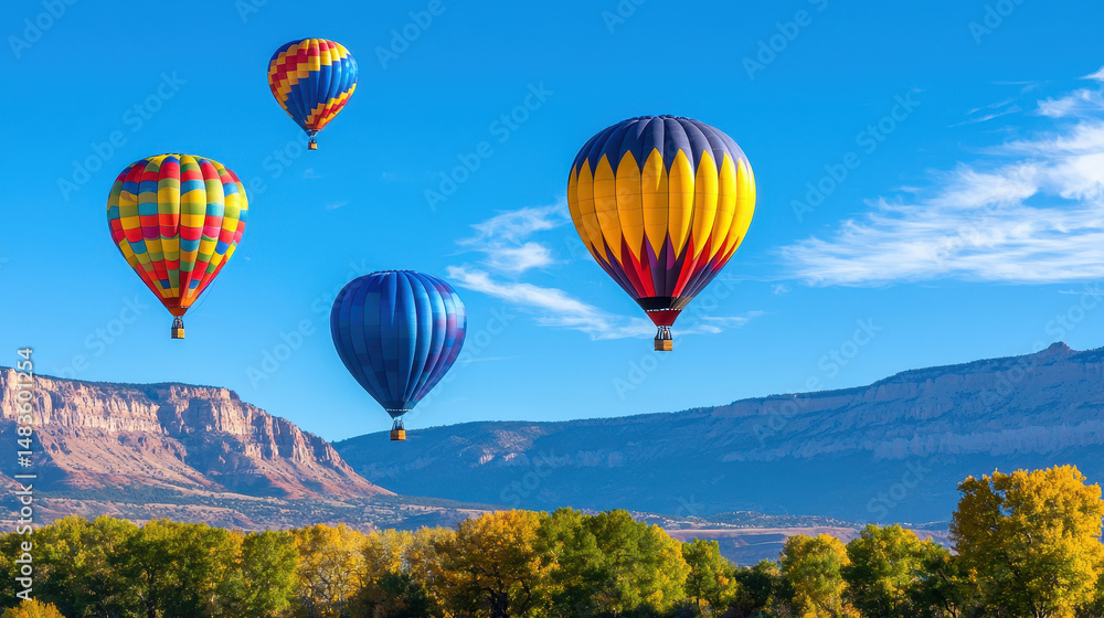Fototapeta premium Colorful hot air balloons float in clear blue sky over scenic landscape, creating vibrant and joyful atmosphere