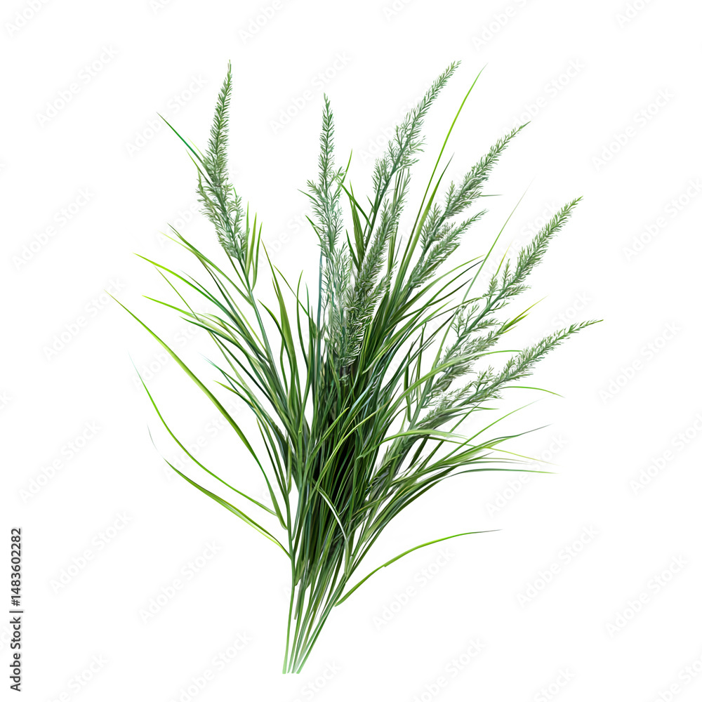 Blooming tuft of ornamental grass, textured and natural with soft green hues, detailed blades visible, isolated on a white background. Blooming tuft of ornamental grass, textured and natural with soft green hues, detailed blades visible, isolated on a white background.