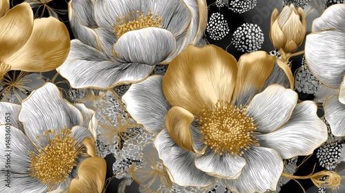 Floral print with gold accents.  Delicate white and grey flowers, with gold detailing