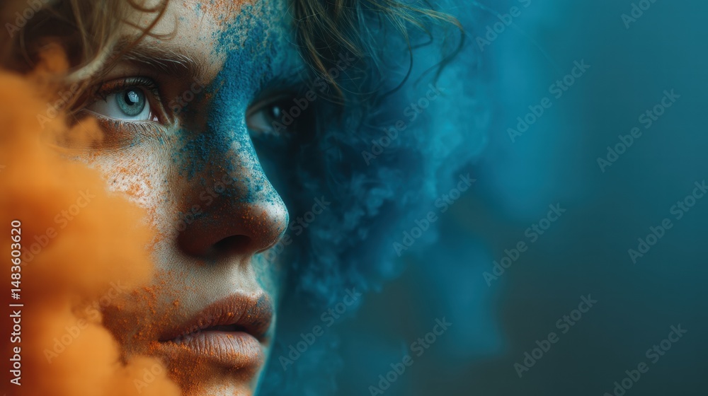 Fototapeta premium Young person with colorful powder on face stands amid vibrant smoke during a festive celebration of color and creativity